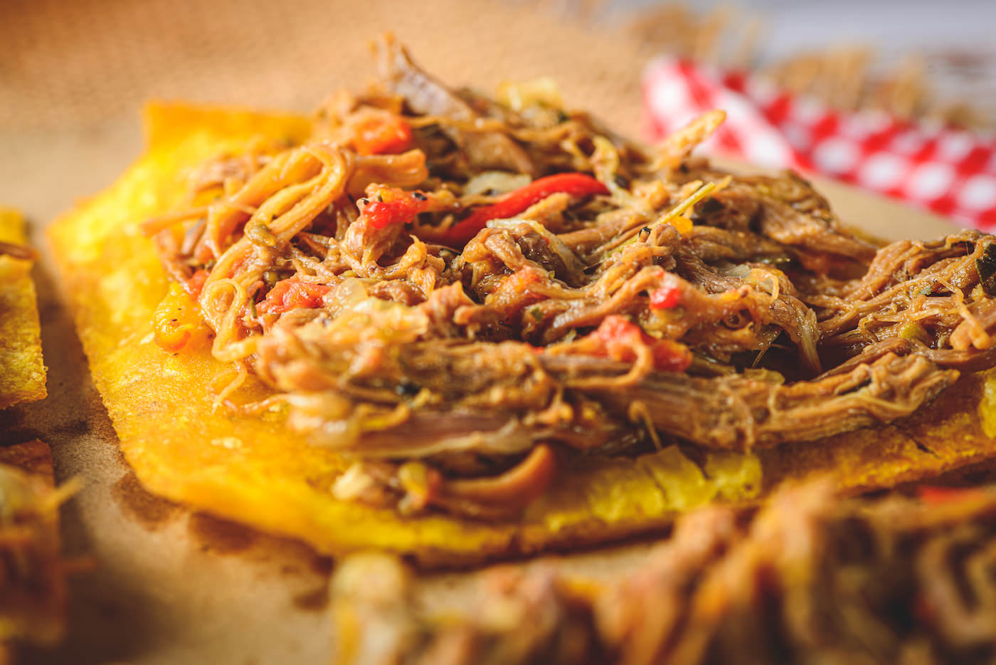 Toston with shredded meat or Patacón with Ropa Vieja